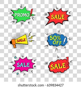 Set of sale comic text speech. Promo bubbles phrase . Vector offer template for social media website, poster, flyer, email, newsletter, advertisement, promotional material.