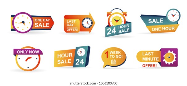 Set of sale countdown badges and stickers. Last minute offer banner, one day sales and 24 hour sale. Shopping limited time offer. Collection best deal badge isolated vector.