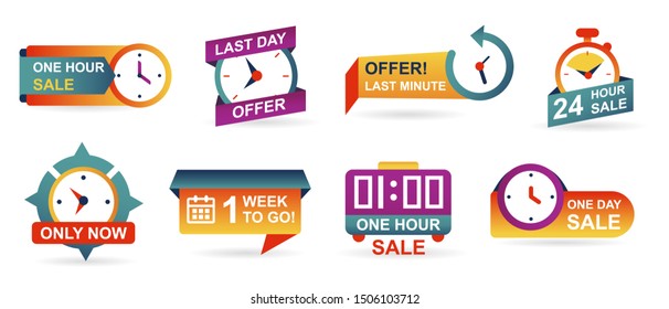 Set of sale countdown badges and stickers. Last minute offer banner, one day sales and 24 hour sale. Shopping limited time offer. Collection best deal badge isolated vector. svg