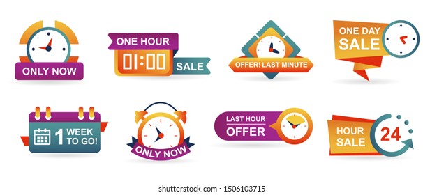 Set of sale countdown badges and stickers. Last minute offer banner, one day sales and 24 hour sale. Shopping limited time offer. Collection best deal badge isolated vector.