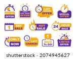 Set of sale countdown badges. Sale timer banners. Last day, last hour and last minute offer. One day, 24 hour and one week to go sale. Promo stickers hot sale and last chance.