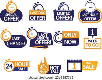 Set of sale countdown badges. Sale timer banners. Last day, last hour and last minute offer. One day, 24 hour and one week to go sale. Promo stickers hot sale and last chance. vector art design.