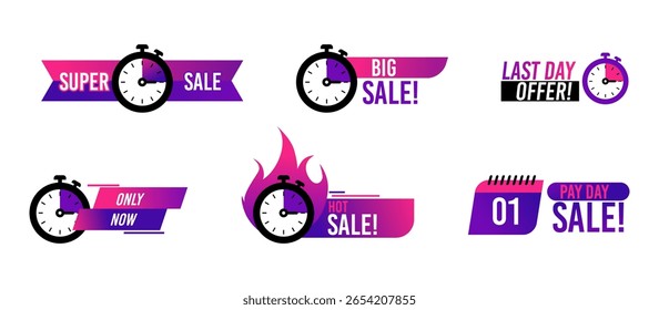 Conjunto de emblemas de contagem regressiva de venda. Venda de faixas de temporizador. Promo adesivos venda quente e última chance. Vetor eps.