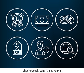 Set of Sale coupon, Cash money and Savings icons. Reward, Add person and Internet search signs. Discount tag, Banking currency, Cash coins. First place, Edit user data, Web finder.  Editable stroke