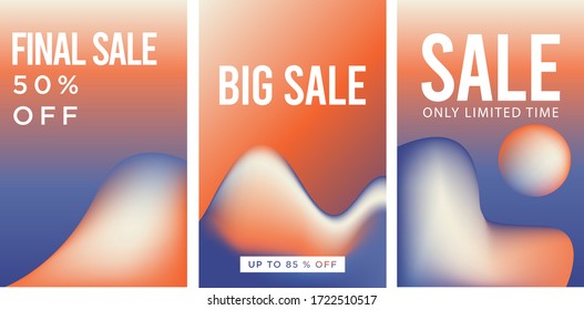 Set of sale cover vector template design. Fluid abstract design for social media, ads,  special offers, sales and discounts. Gradient design with blue, white, orange colors
