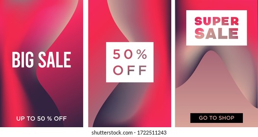Set of sale cover vector template design. Fluid abstract design for social media, ads,  special offers, sales and discounts. Gradient design with  pink, blue, beige colors