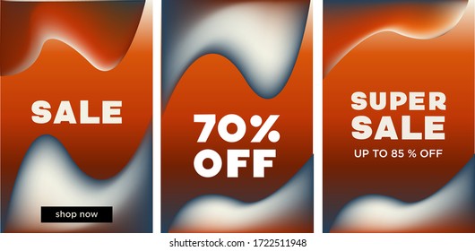 Set of sale cover vector template design. Fluid abstract design for social media, ads,  special offers, sales and discounts. Gradient design with orange, blue, grey colors