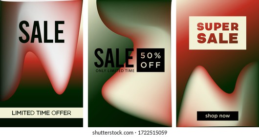 Set of sale cover vector template design. Fluid abstract design for social media, ads,  special offers, sales and discounts. Gradient design with red, green, white colors