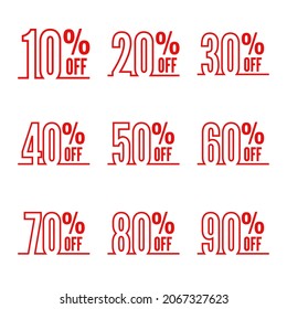 Set of sale and discount icon. Price off tag icon. 10, 20, 30, 40, 50, 60, 70, 80, 90 percent sale. Vector illustration.