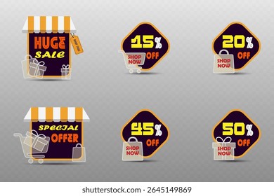 Set of sale and discount labels with gift boxes, shopping bags and storefront icons.