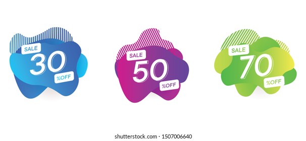 Set of sale discount liquid banners. 30 50 70 percent off template design poster. Modern vector fluid elements