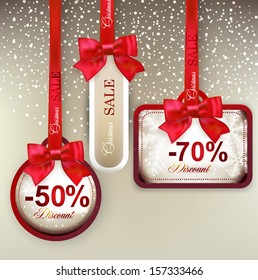 Set of sale and discount paper labels with red bows and ribbons. Vector.