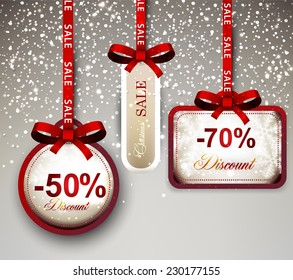 Set of sale and discount paper labels with red bows and ribbons. Vector.