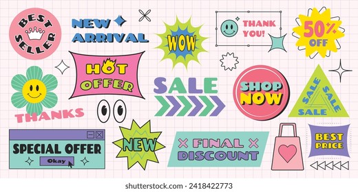 Set of Sale, Discount retro stickers in trendy Y2K style. E-commerce icons collection with geometric neo brutalism simple shapes