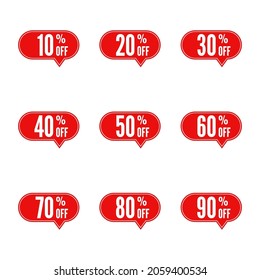 Set of sale and discount speech bubble. Price off tag icon. 10, 20, 30, 40, 50, 60, 70, 80, 90 percent sale. Vector illustration.