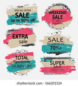 Set of sale, discount stickers and banners. Hand drawn grunge brush strokes and splatters. Backgrounds for text