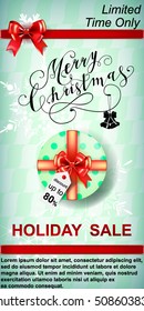 Set of sale and discount web banners with red bows and ribbons. Vector.Christmas sale. Merry Christmas lettering