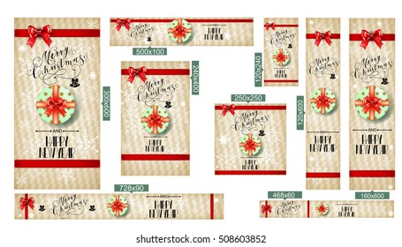 Set of sale and discount web banners with red bows and ribbons. Vector.Christmas sale. Merry Christmas lettering