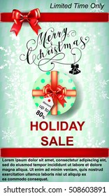 Set of sale and discount web banners with red bows and ribbons. Vector.Christmas sale. Merry Christmas lettering