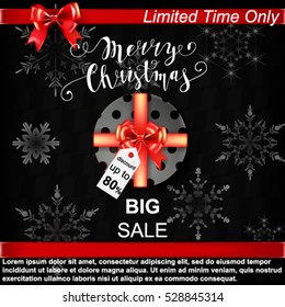 Set of sale and discount web banners with red bows and ribbons. Vector.Christmas sale. Merry Christmas lettering