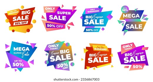 Juego de insignias de elemento de venta. Cartel de plantilla distintivos de compras, etiquetas de venta y etiquetas. venta, descuento, tienda, oferta especial, venta Elementos Diseño con el concepto de color gradiente