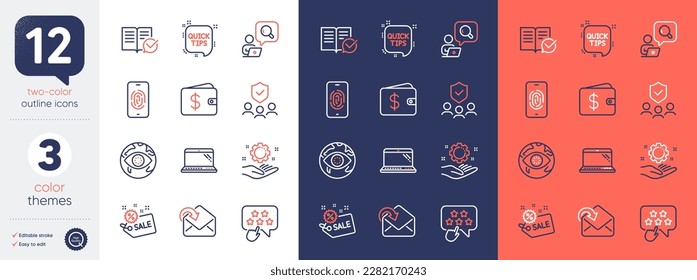 Set of Sale, Fingerprint and Receive mail line icons. Include Quick tips, Cyber attack, Dollar wallet icons. Inspect, People insurance, Ranking star web elements. Laptop. Bicolor outline icon. Vector