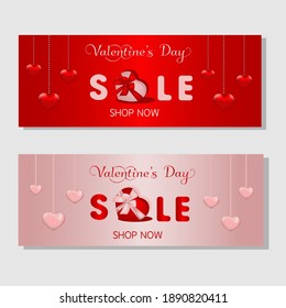 A set of sale flyers for Valentine's Day. Vector illustration. Suitable for advertising offers and promotions, banners, sales. Delicate style in red and pink tones with a gift box and hearts


