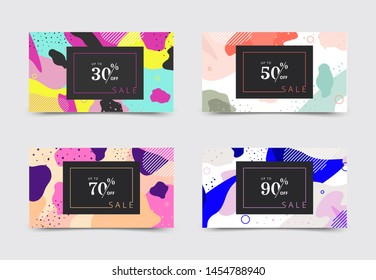 Set of sale gift card templates. Memphis cover template 30 off, 50, 70, 90 percent sale label symbols, discount promotion icon. Trendy colorful bubble shapes composition. Vector backgrounds.