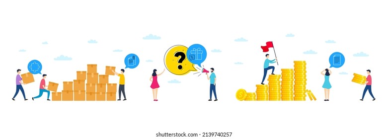 Set of Sale gift, Puzzle and Document attachment line icons. People characters with delivery parcel, money coins. Include File icons. For web, application. Discounts, Puzzle piece, Paper clip. Vector