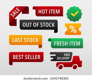 Set of sale, hot item, best seller ribbon. For online shop or e-commerce. Vector Illustration