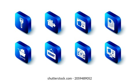 Set Sale house, Online real estate, House contract, Hanging sign with Rent, Shopping cart and key icon. Vector