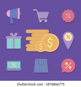set of sale icons on a purple background vector illustration design