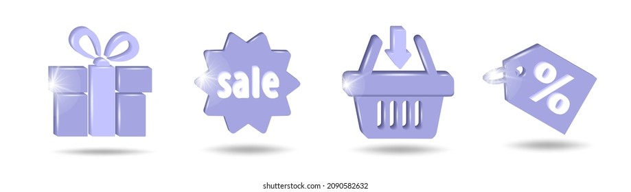 Set of sale icons in pinkish-violet colour. Gift box, shopping cart, price and sale tags. Discount and promotion concept. 3D vector illustration