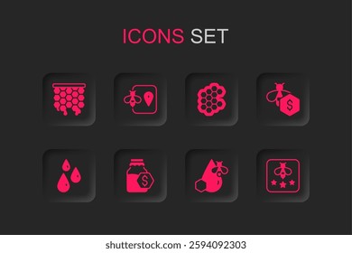 Set Sale in jar of honey, Bee location, Honeycomb, and honeycomb, bees, Type,  and Drops icon. Vector