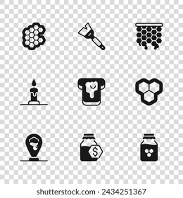 Set Sale in jar of honey, Honeycomb, Jar, Bread with, Beekeeping brush and Burning candle icon. Vector