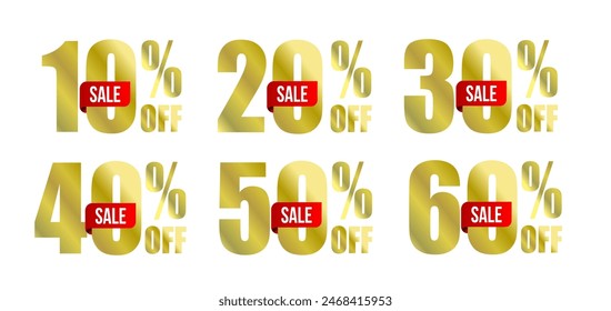 Set of sale labels, 10, 20, 30,40, 50% off. Gold discount tags with a red SALE ribbon	