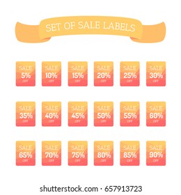 Set of sale labels from 5 to 90 percent isolated on white background. Badges for clothes, food and other goods. Icons for discount. Vector illustration in flat style.