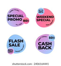 Set of sale labels badges collection. Modern minimalistic abstract acidic gradient pink blue purple black design for promotion sale discount. Vector illustration.