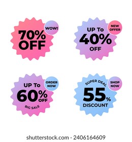 Set of sale labels badges collection. Modern minimalistic abstract acidic gradient pink blue purple black design for percentage sale discount. Vector illustration.