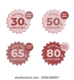 Set of sale labels badges collection. Modern minimalistic abstract pink dark red circle design for percentage sale discount. Vector illustration.