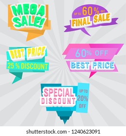 Set of sale labels and banner. Colorful design.
