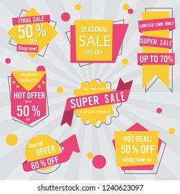 Set of sale labels and banner. Colorful design.
