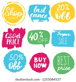 Set of sale labels. Hand drawn vector illustration labels for shopping, e-commerce, product promotion, social media stickers, marketing.