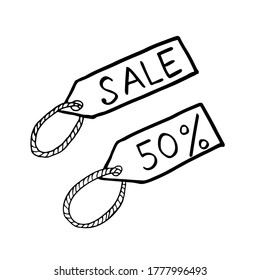 Conjunto de etiquetas de venta, ilustración aislada simple de vector dibujada a mano en forma de doodle en blanco y negro 