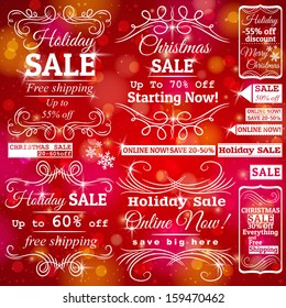 Set of sale labels over red christmas background