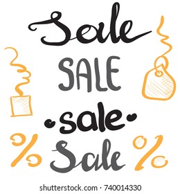 Set of Sale lettering and doodle discount icons. Vector illustration set