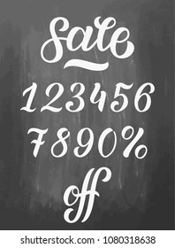 Set of sale lettering, vector numbers, from 0 to 9 peccent off phrase. Ink illustration. Modern brush calligraphy. Isolated on chalkboard background. Textured blackboard
