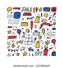 Set of sale objects for promotion banners. Collection promo items in doodle style. Vector illustration.