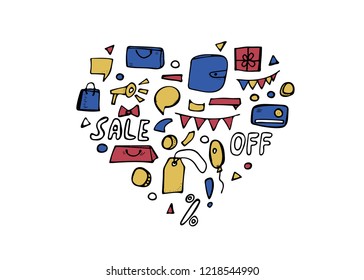 Set of sale objects for promotion banners. Collection promo items in doodle style isolated on white background. Heart composition with advertising elements. Vector illustration.