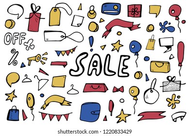 Set of sale objects for promotion banners. Collection promo items in doodle style isolated on white background. Vector illustration.